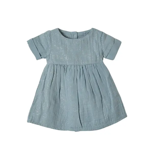 Organic Muslin Short Sleeve Dress with Glitter - Aqua Melange - 1Stück