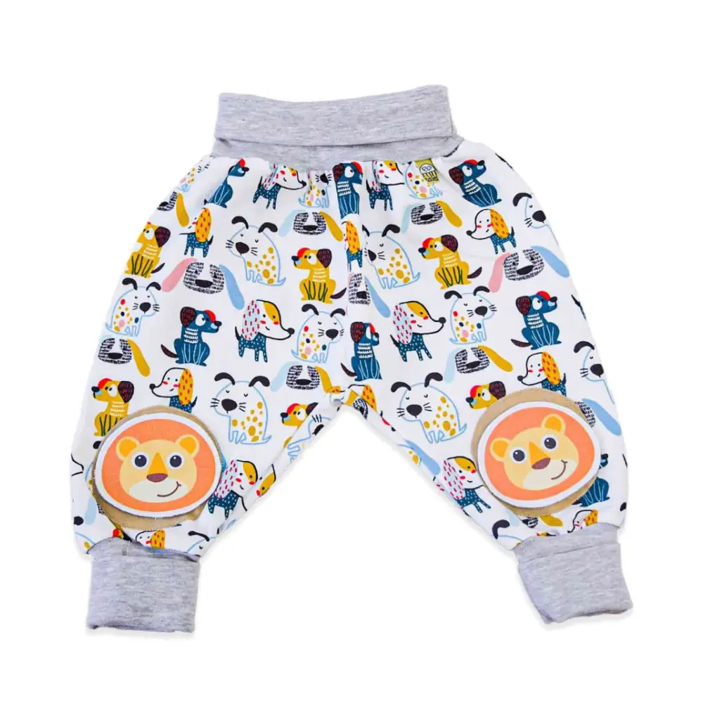 Krabbelhose-mit-Umschlagbund-mit-Hundemotiv-und-Knieschoner