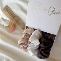 Trio de chouchous en satin biologique & équitable - Blanc, beige & chocolat Trio de chouchous en satin biologique & équitable - Blanc, beige & chocolat