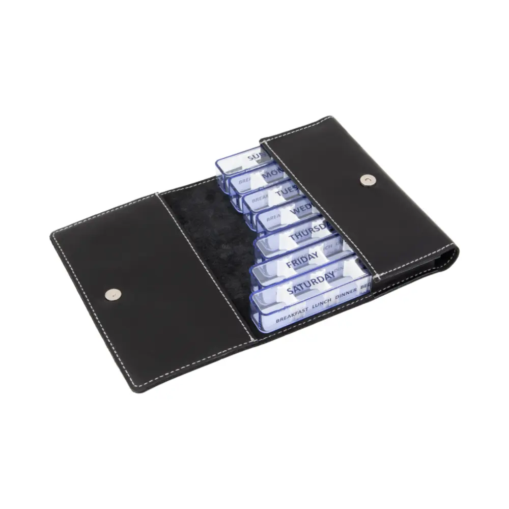 Medidose-GB-No1-Leather-Black-Finished-Open-pill-dispenser-Kibodan-danish-design