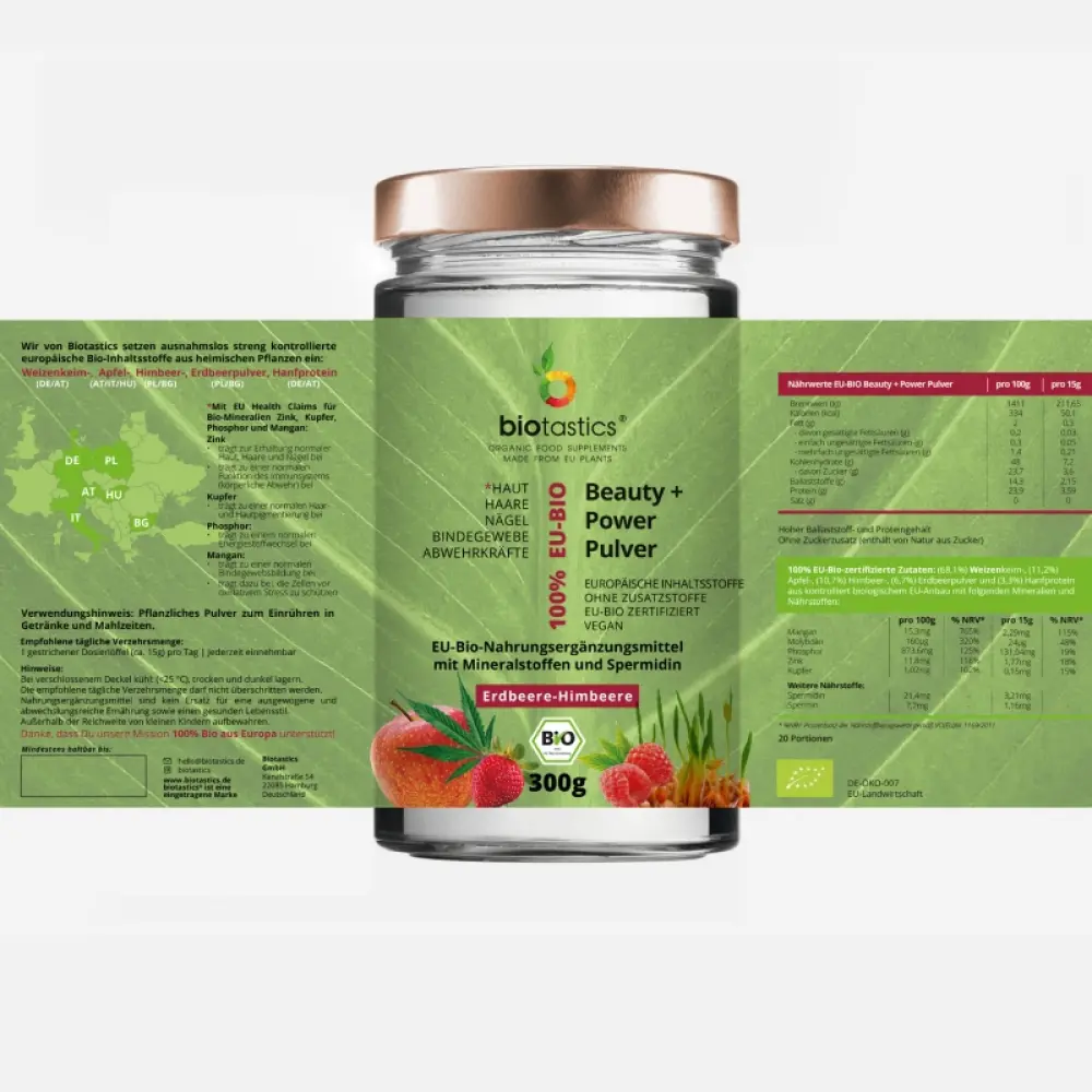 Bio Spermidin plus Superfood-Antioxidantien-Beauty+Power Pulver-Etikett-ausgeklappt