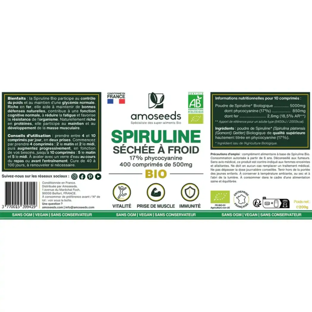 Spiruline Bio Séchée A Froid - 17% phycocyanine — Amoseeds