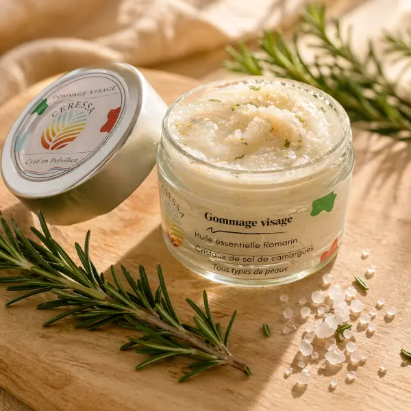 Gommage visage romarin bio & sel fin de Camargue — exfoliation naturelle