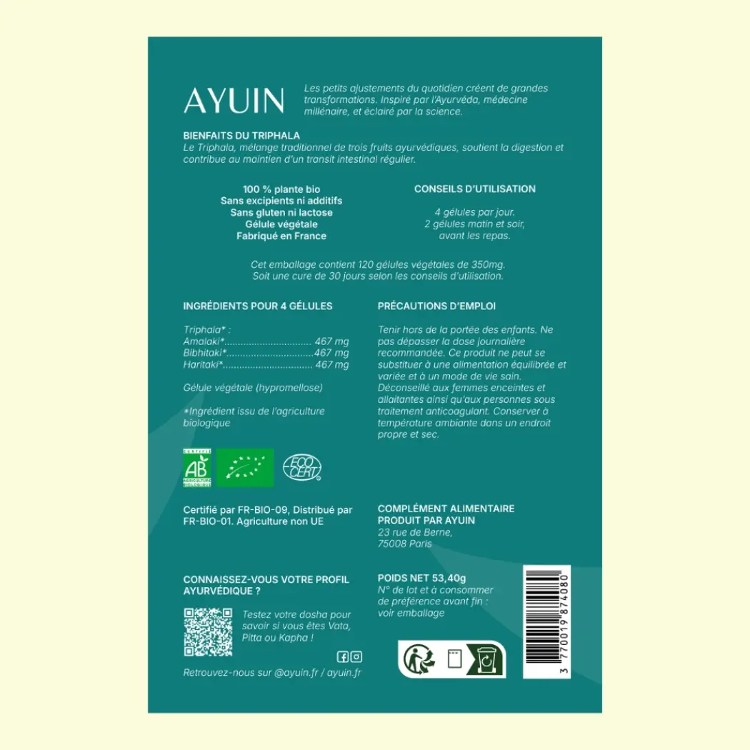 Triphala Bio - 120 gélules - Digestion & Transit — Ayu'in