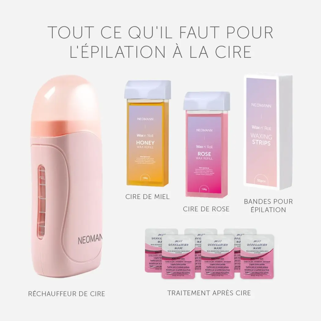 Wax n'Roll,Rouleau de cire avec 1pc rose 1pc cire miel et 6pcs après traitement et 50pcs papier ciré — NEOMANN