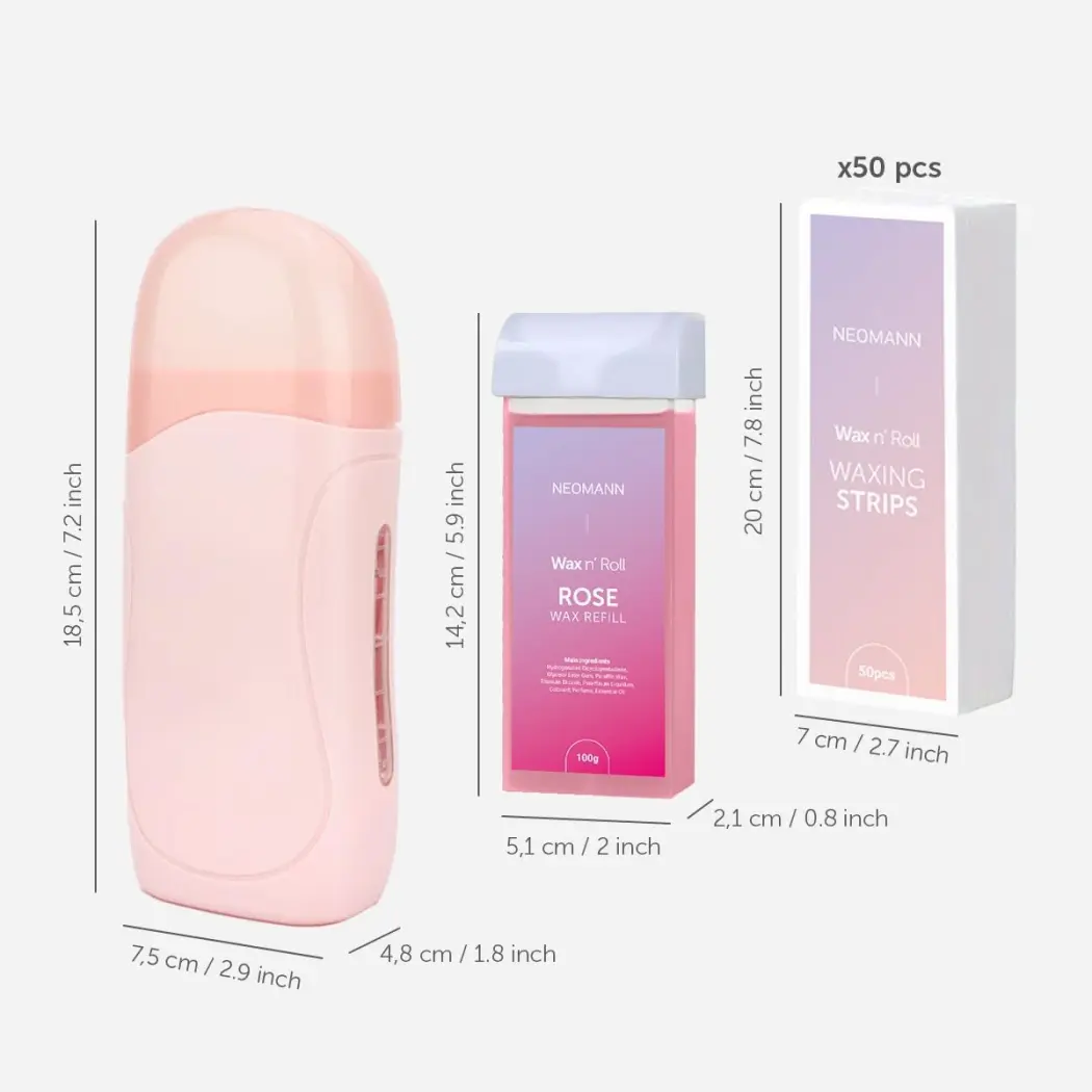 Wax n'Roll,Rouleau de cire avec 1pc rose 1pc cire miel et 6pcs après traitement et 50pcs papier ciré — NEOMANN