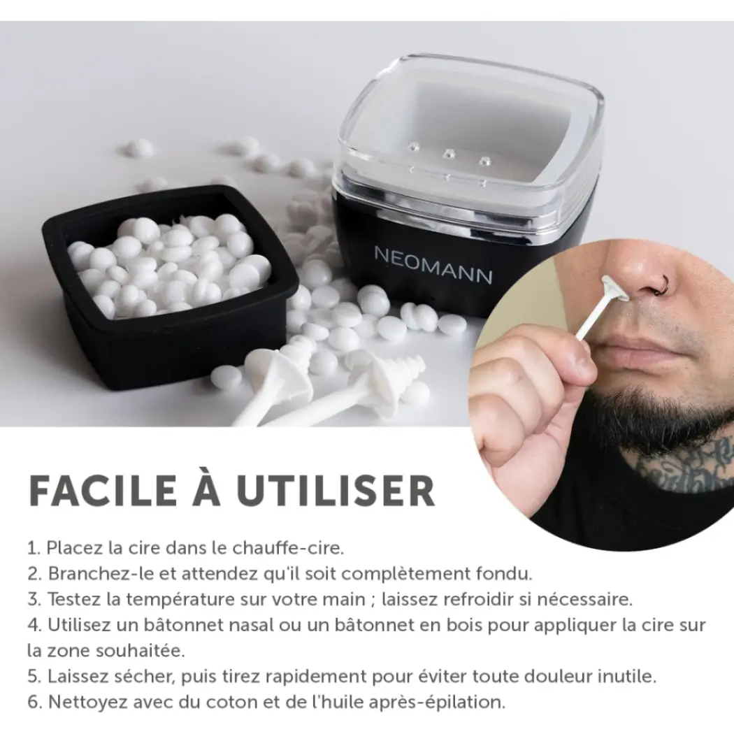 NEOMANN Waxer Mini épilation nasale à la cire - Sans douleur - Chauffe-cire USB-C - Perles de cire de 100 g - Applicateurs, capuchons de protection et sac — NEOMANN