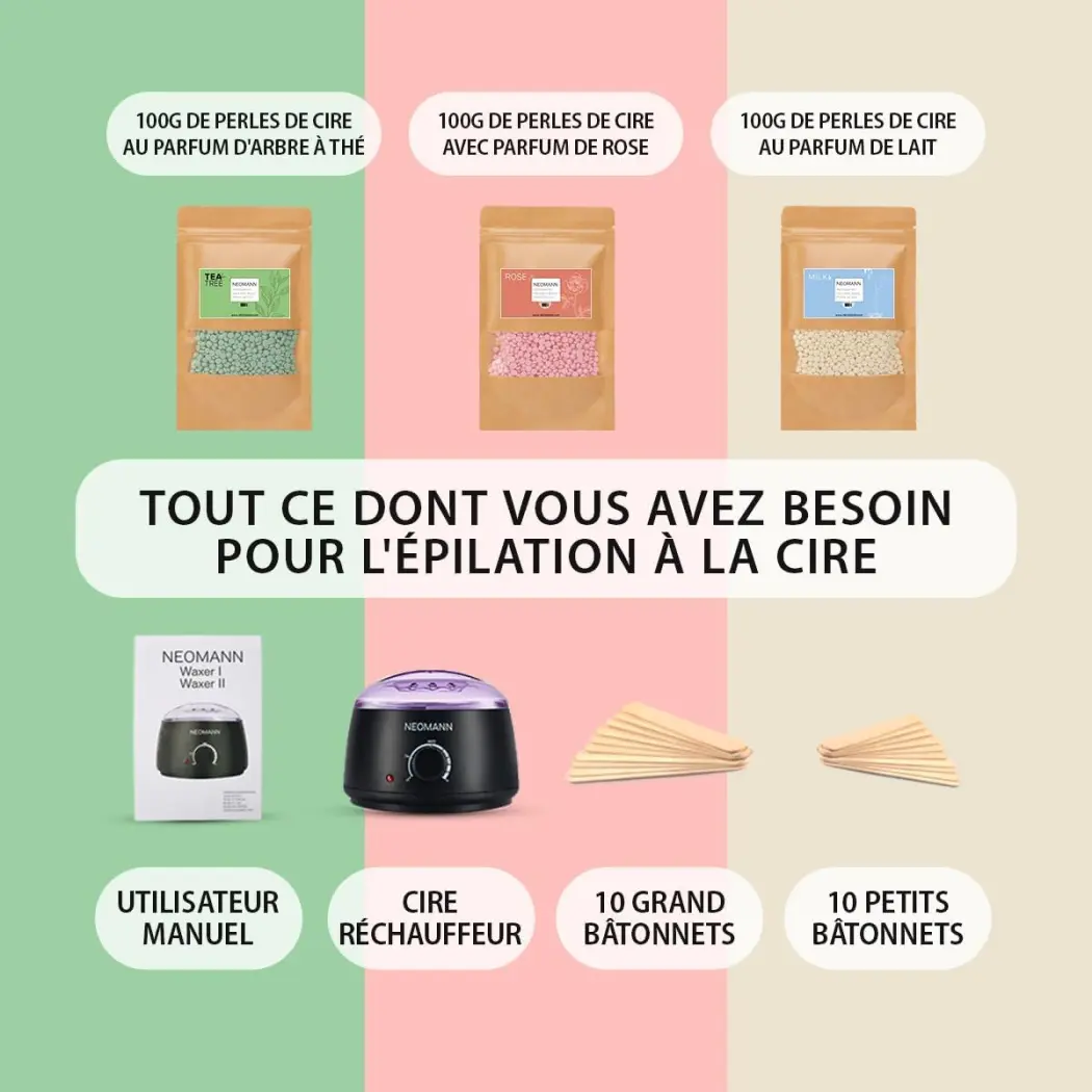 NEOMANN Waxer II Appareil Chauffe Cire Epilation - Epilateur Cire traité au Téflon avec Perles de 300 g, 20 Bâtonnets, pour Ton Corps - Machine Cire Chaude... — NEOMANN