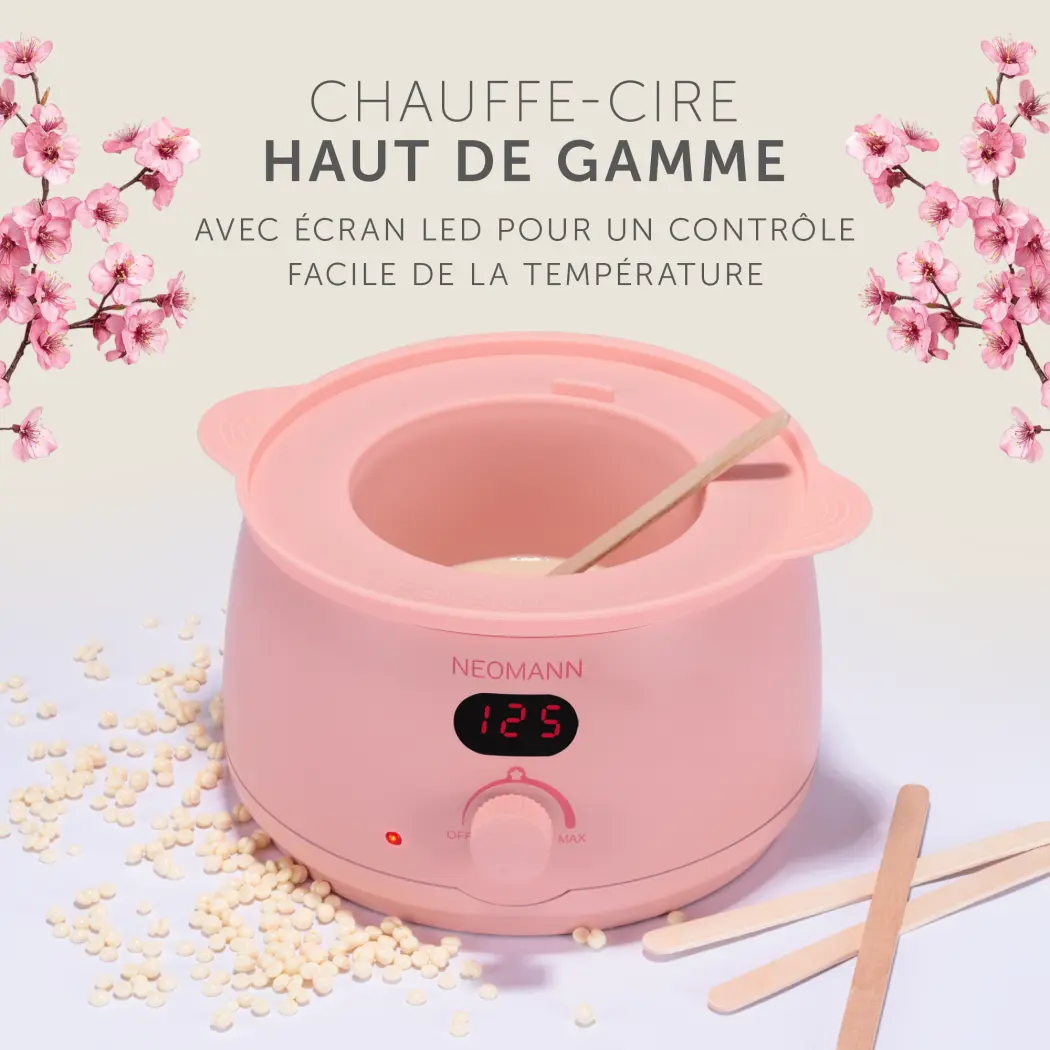 NEOMANN Waxer I SAKURA – Waxer I avec écran LCD, port en silicone, 2 perles de cire rose et 2 perles de cire au lait, 10 grands et 10 petits bâtonnets en bois, design SAKURA rose — NEOMANN
