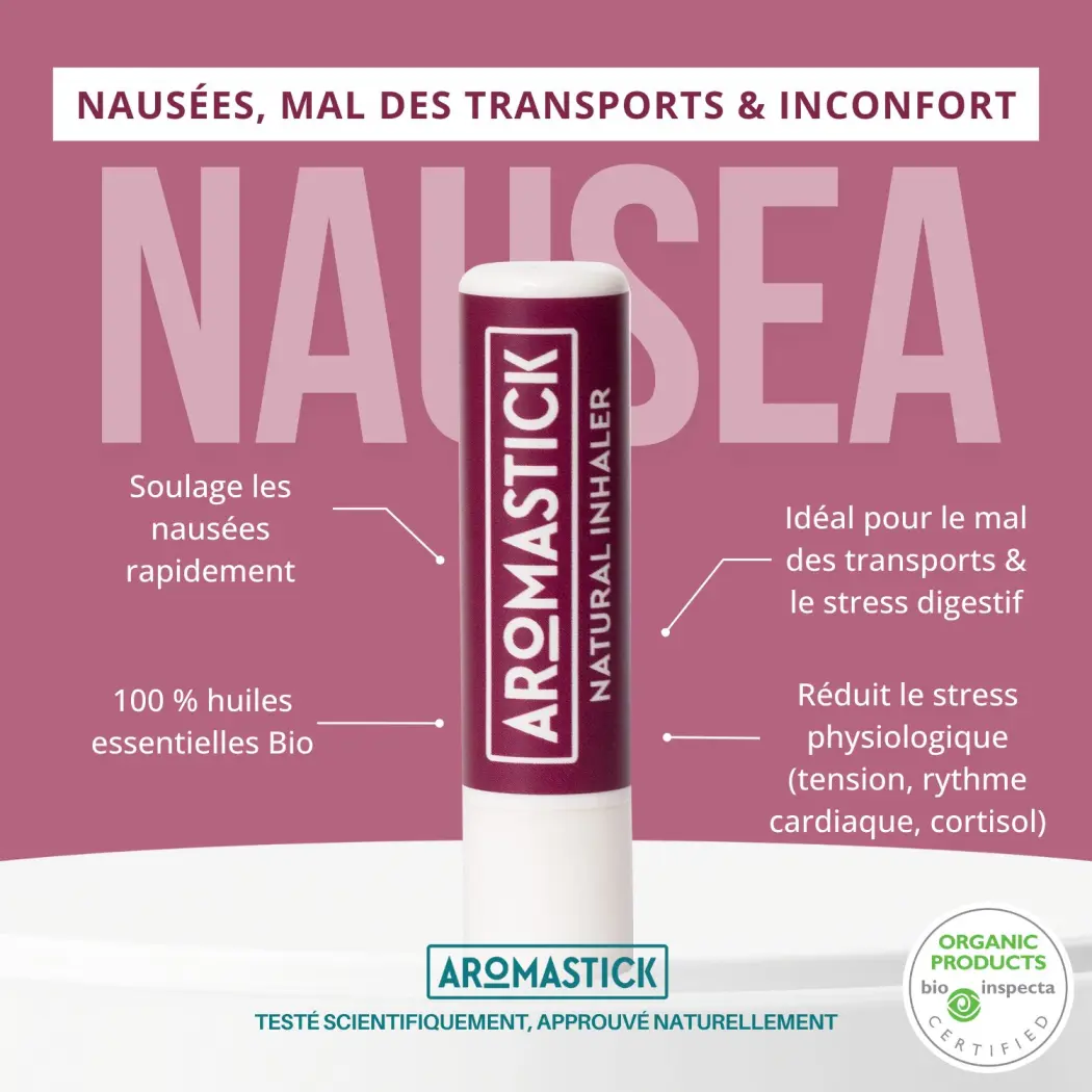 Aromastick Stick Inhaleur Nausea 100% Bio - Huiles Essentielles Anti-Nausées Voyage, Mal des Transports et Mal du Matin — BioDiff