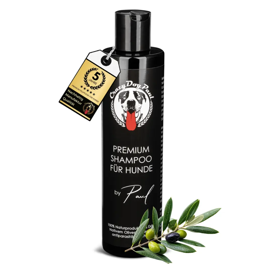 CrazyDogPaul Shampoing pour chien premium – Stoppe les démangeaisons, hydrate la peau, naturel, végan, à l'huile d'olive vierge extra, vitamine E & antioxydants (250ml) — CrazyDogPaul