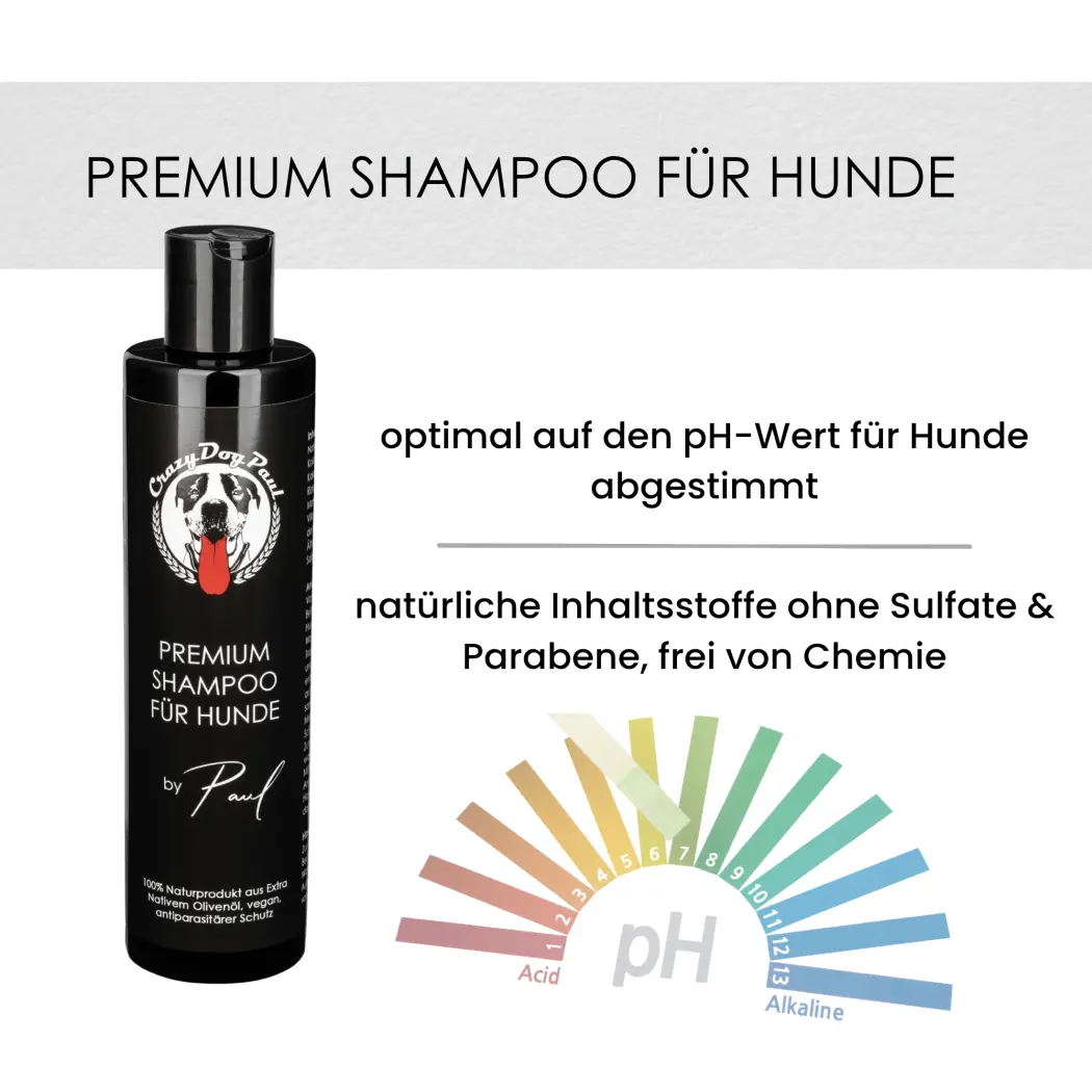 CrazyDogPaul Shampoing pour chien premium – Stoppe les démangeaisons, hydrate la peau, naturel, végan, à l'huile d'olive vierge extra, vitamine E & antioxydants (250ml) — CrazyDogPaul