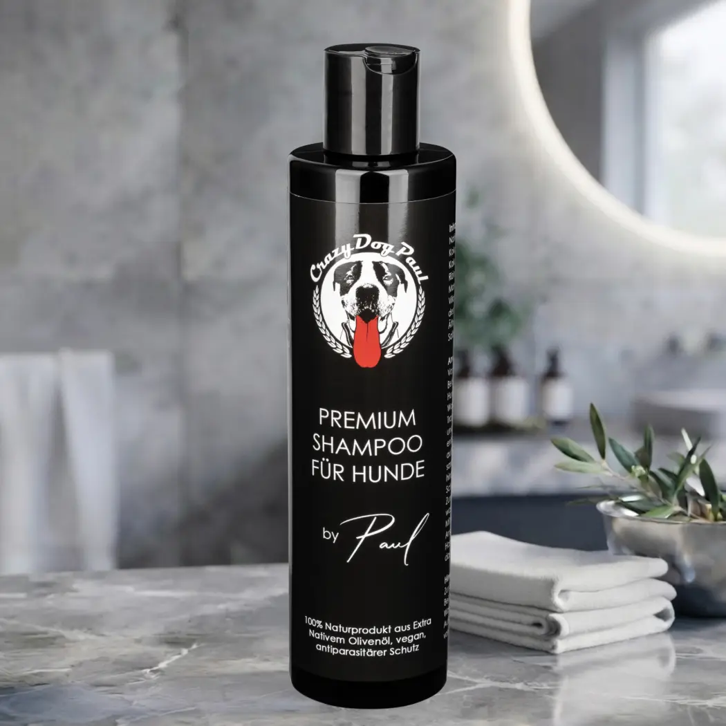CrazyDogPaul Shampoing pour chien premium – Stoppe les démangeaisons, hydrate la peau, naturel, végan, à l'huile d'olive vierge extra, vitamine E & antioxydants (250ml) — CrazyDogPaul