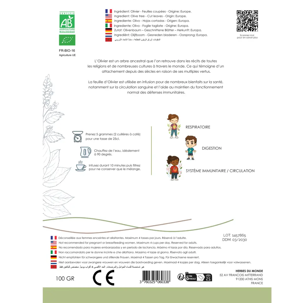 Tisane Olivier BIO – Feuilles Coupées – Infusion Naturelle – Certifiée AB – Sachet 100 g – Herbes du Monde — Herbes du Monde