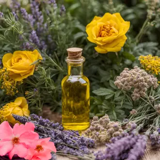 un flacon en verre d'huile au milieu de plantes  rose, immortelle, lavande, myrrhe, millepertuis, sésame (1)