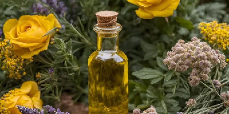 un flacon en verre d'huile au milieu de plantes rose, immortelle, lavande, myrrhe, millepertuis, sésame (1)